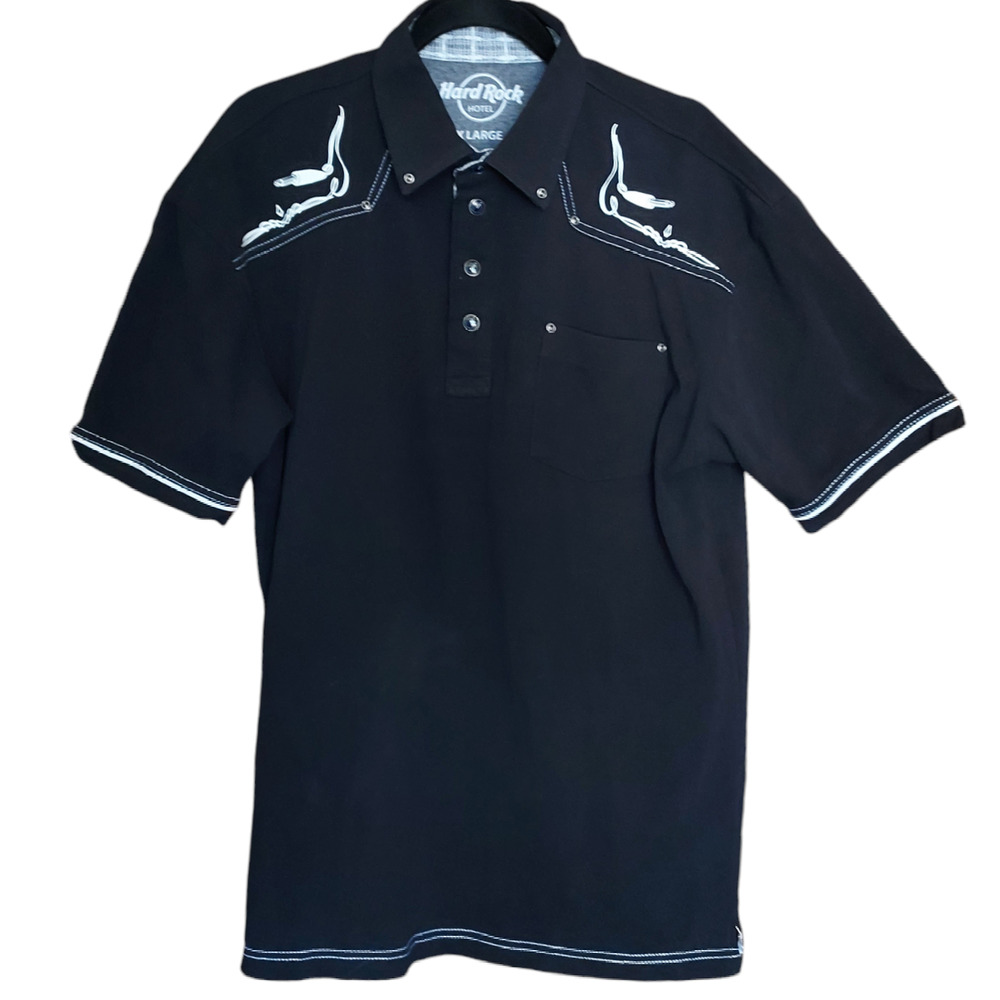 Hard Rock Cafe Cancun Men's Black Snap Rivet Guitar Amp S/S Polo Shirt Size XL